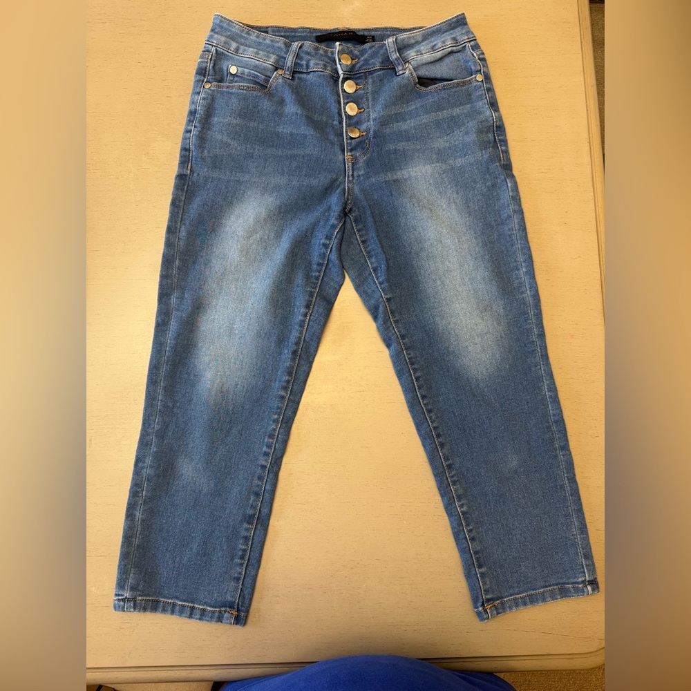 Tahari Emily Midrise Blue Capri skinny Jeans with Button Fly Detail Sz. 6/28 EUC